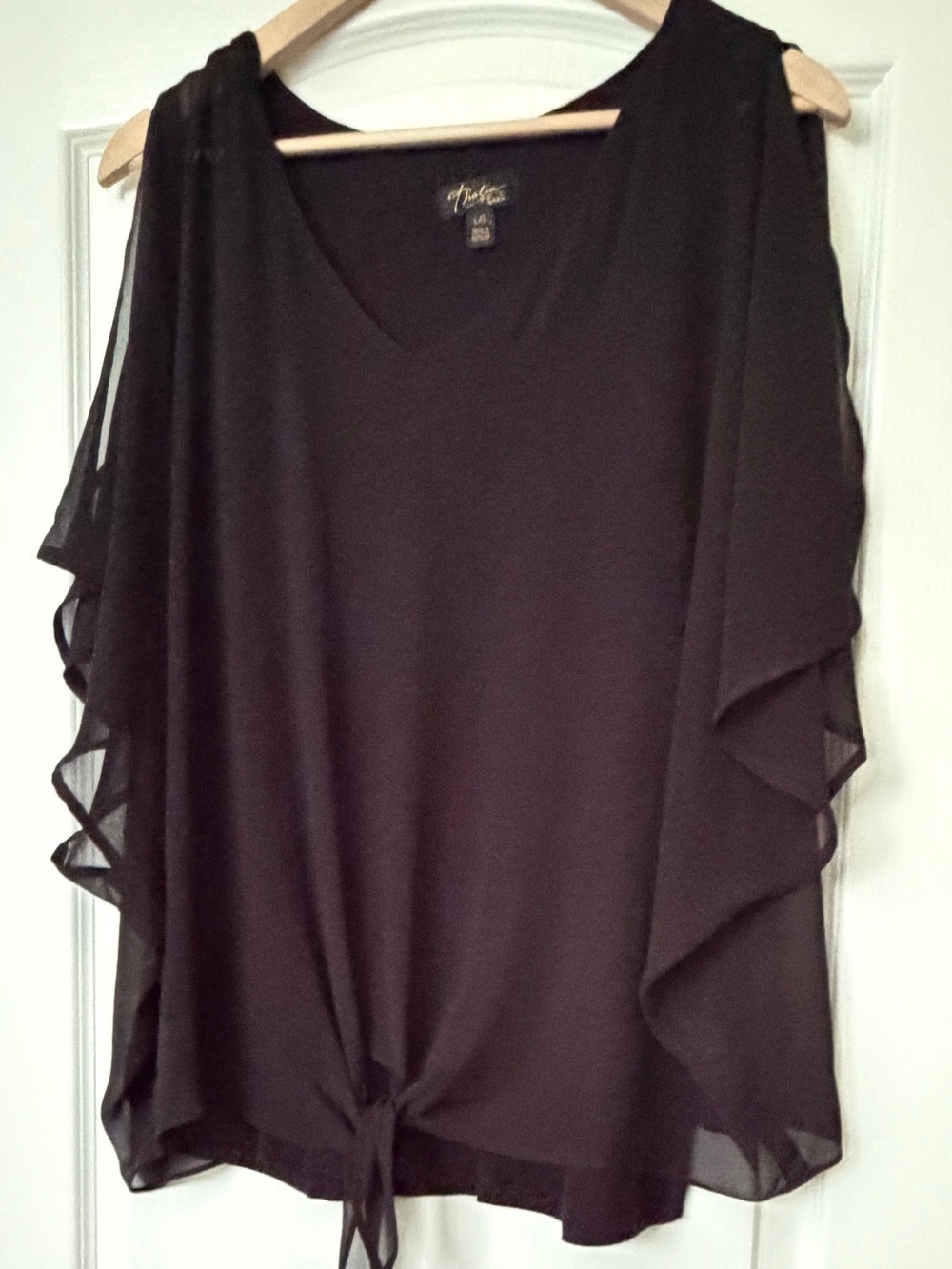 Thalia Sodi Black Cold Shoulder Tie Front Blouse Size L Flutter Ruffle Sheer